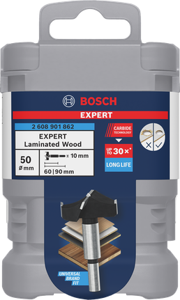 Broca Bosch para cortar bisagras de madera laminada de 50×60×90 mm.